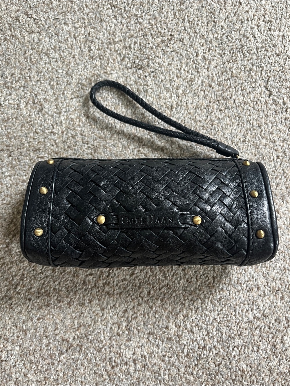 Cole Haan Black Woven Genuine Leather Wristlet with Gold Studs